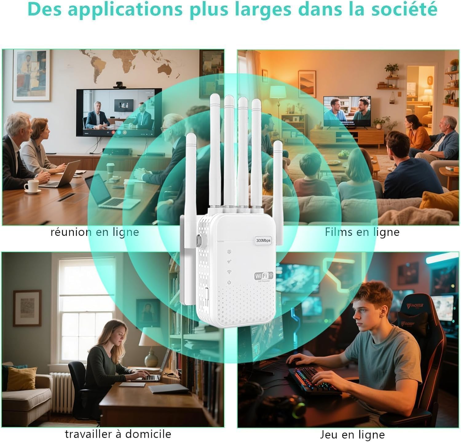 Repeteur WiFi Puissant,6 antennes,Amplificateur WiFi 1200Mbps Double Bande 5GHz/2.4GHz,repetiteur WiFi Puissant sans Fil, 2 Ports LAN, Adapté aux Maisons et aux Bureaux