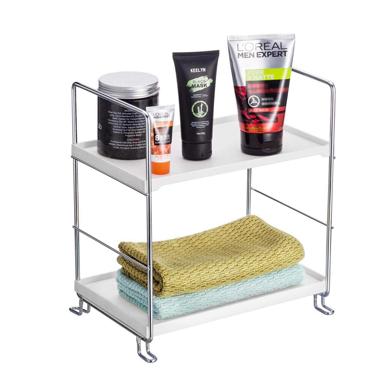 2-Tier Counter Shelf Organizer Bathroom Countertop Organizer Makeup Perfume Tray Kitchen Spice Rack, Silver