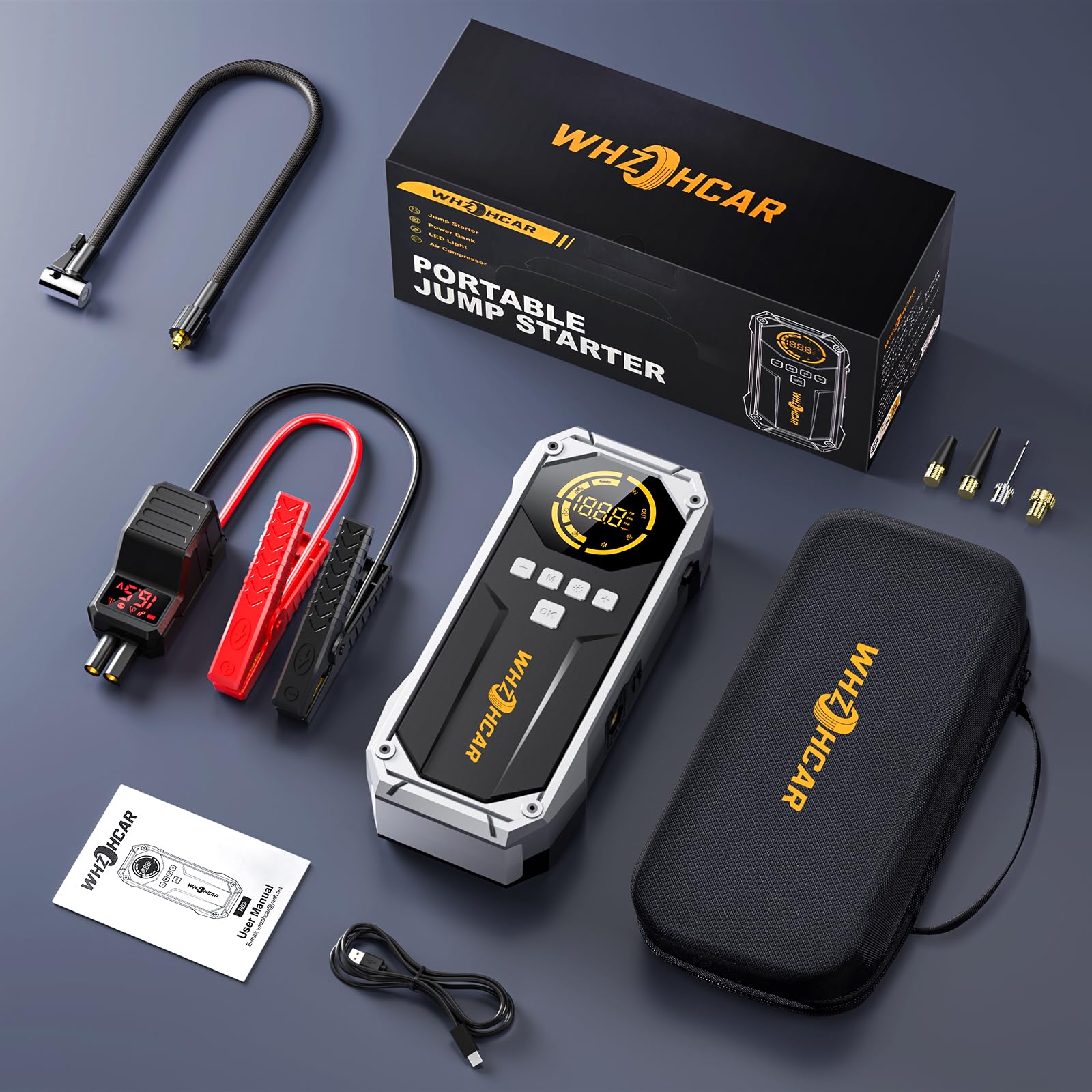 Booster Batterie Voiture 150PSI Compresseur 12V Jump Starter Diesel | Puissance 9000A PowerBank USB Pinces Sécurité LED Lumière Écran LCD pour Essence Moto Camion Hiver Voyage