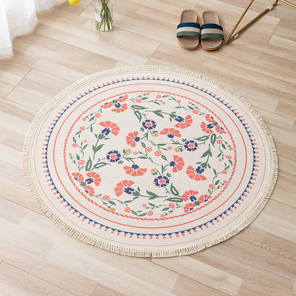 Poowe Tapis rond en coton tissé avec pompons - Lavable - Pour salon, chambre à coucher, cuisine, salle de bain (fleur-1)