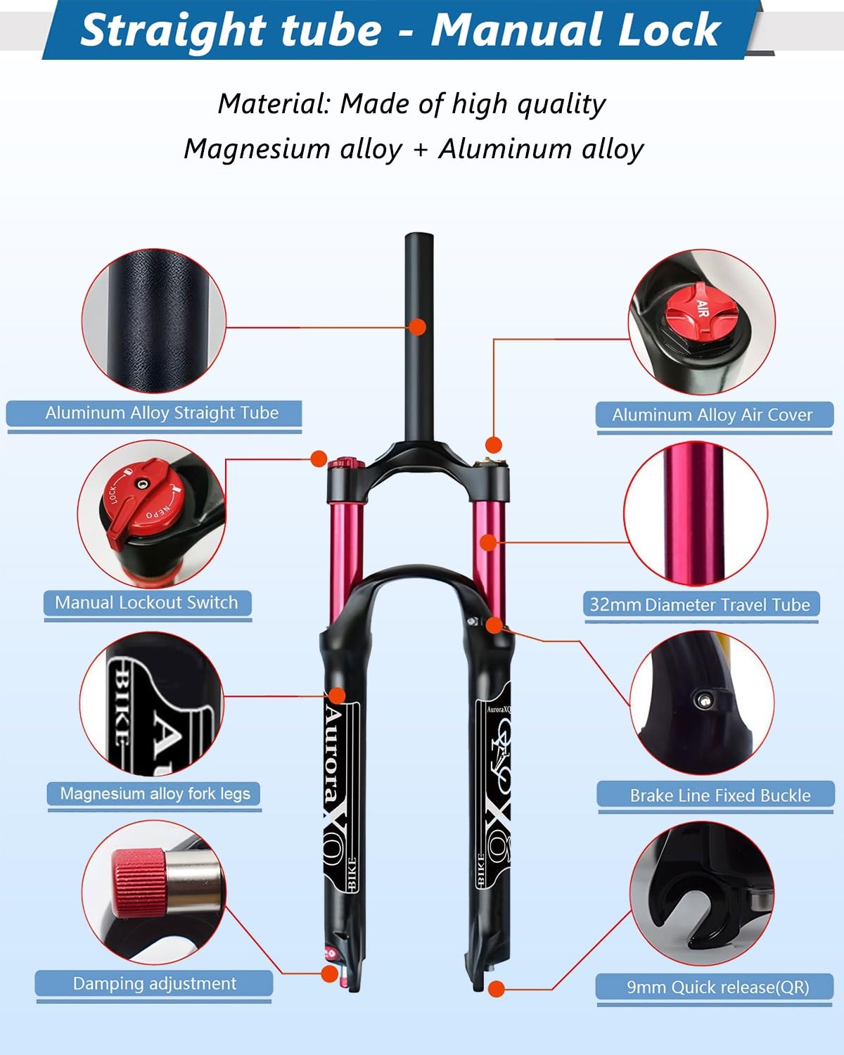AuroraXQ Widel na Rowerze Górskim 26/27,5/29 Cali Stożkowy/Prosty, Podróż 140mm 1-1/8" Widełki Zawieszone MTB Stopu Aluminium dla Mountain, AM, XC(Straight Manual,27,5 cala)