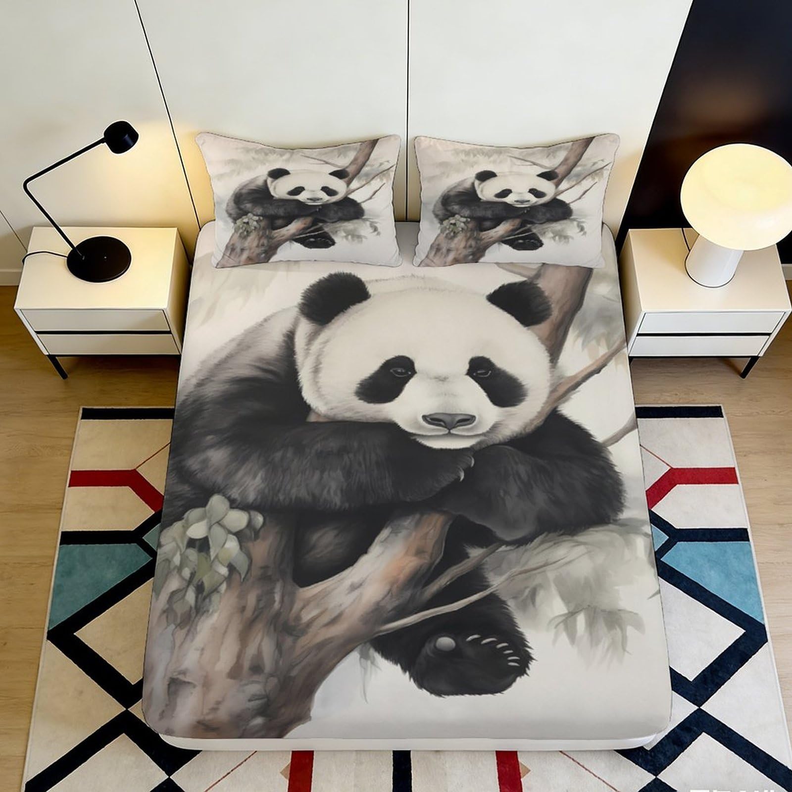 3D Printed Panda Forest Fitted Sheet Microfiber Soft Breathable Bamboo Tree Mattress Cover for Bedroom Guest Room Decor 90x200x25cm