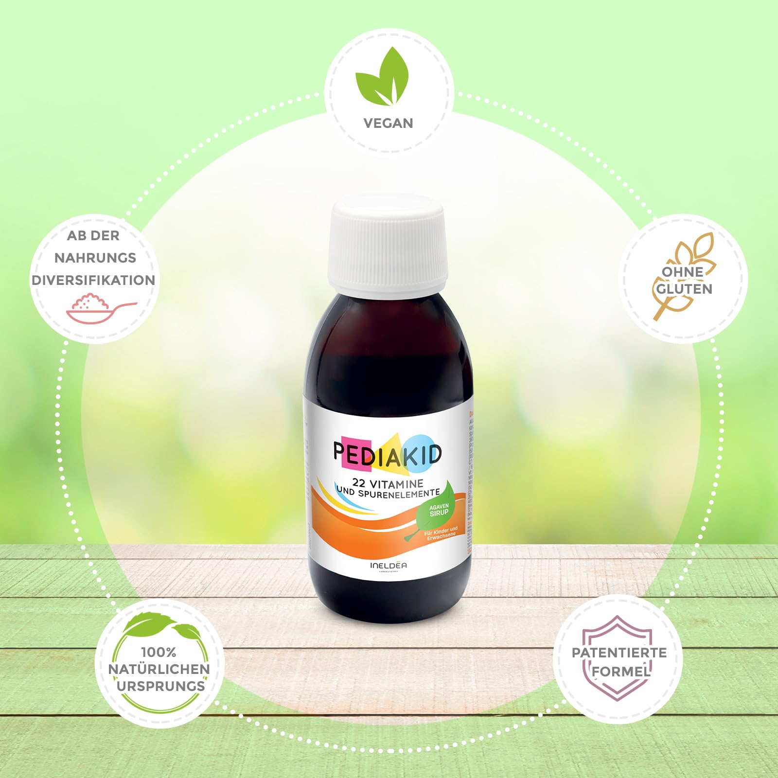 PEDIAKID - Natürliche Nahrungsergänzung Sirup 22 Vitamine - Exklusive Formel mit Agavensirup - Optimiert die Vitamin- und Mineralstoffzufuhr - Packung mit 3 Fläschchen 125ml