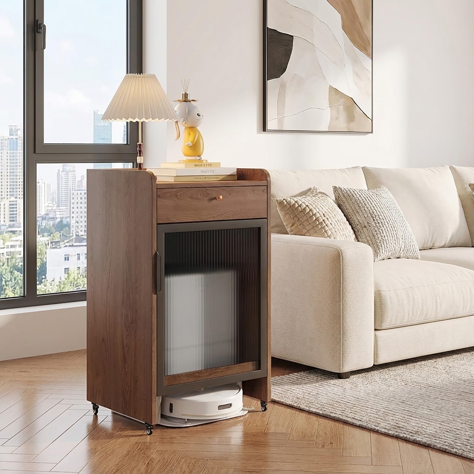 Meuble aspirateur robot caché : dissimulez les câbles et la station dans votre salon