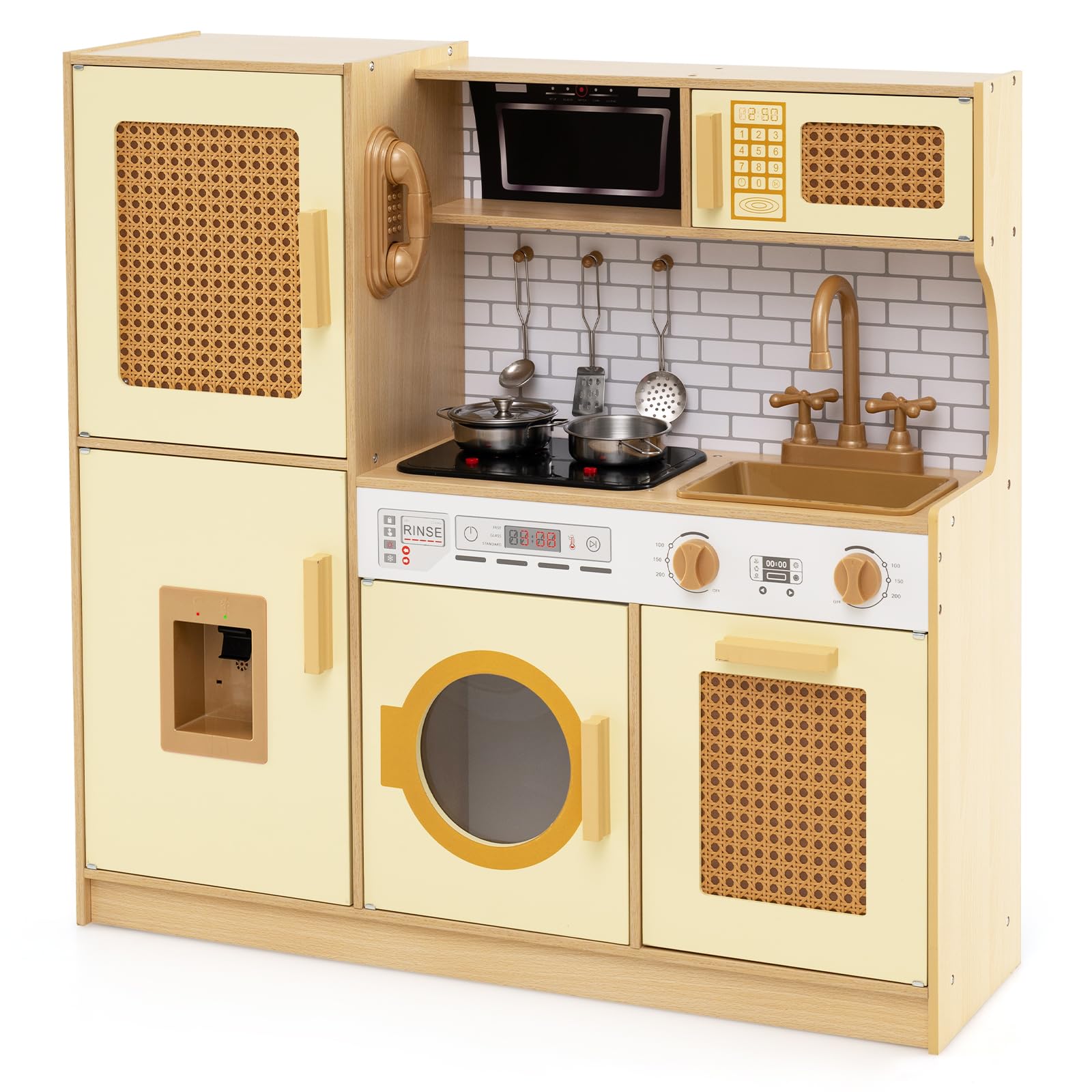 COSTWAY Kids Wooden Kitchen, Pretend Play Kitchen with Realistic Sounds & Lights, Water Dispenser, Sink, Range Hood, Utensils, Children Chef Role Playset for Boys Girls (Yellow+Natural)