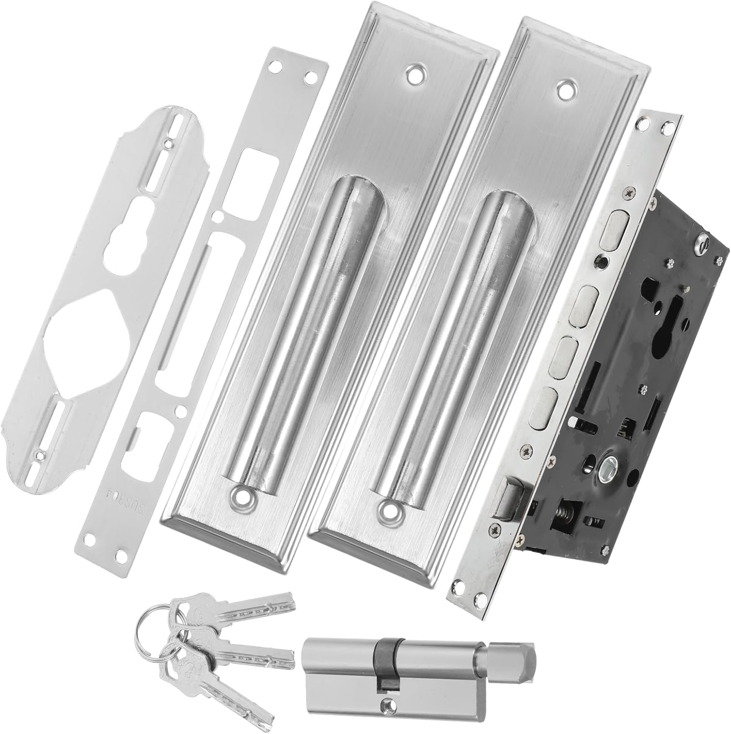 Veemoon Stainless Steel Storm Door Lock Set with Silent Iron Handle Interior Door Pull Handle with 50-Hole Plate and Brass Lock Body Replacement