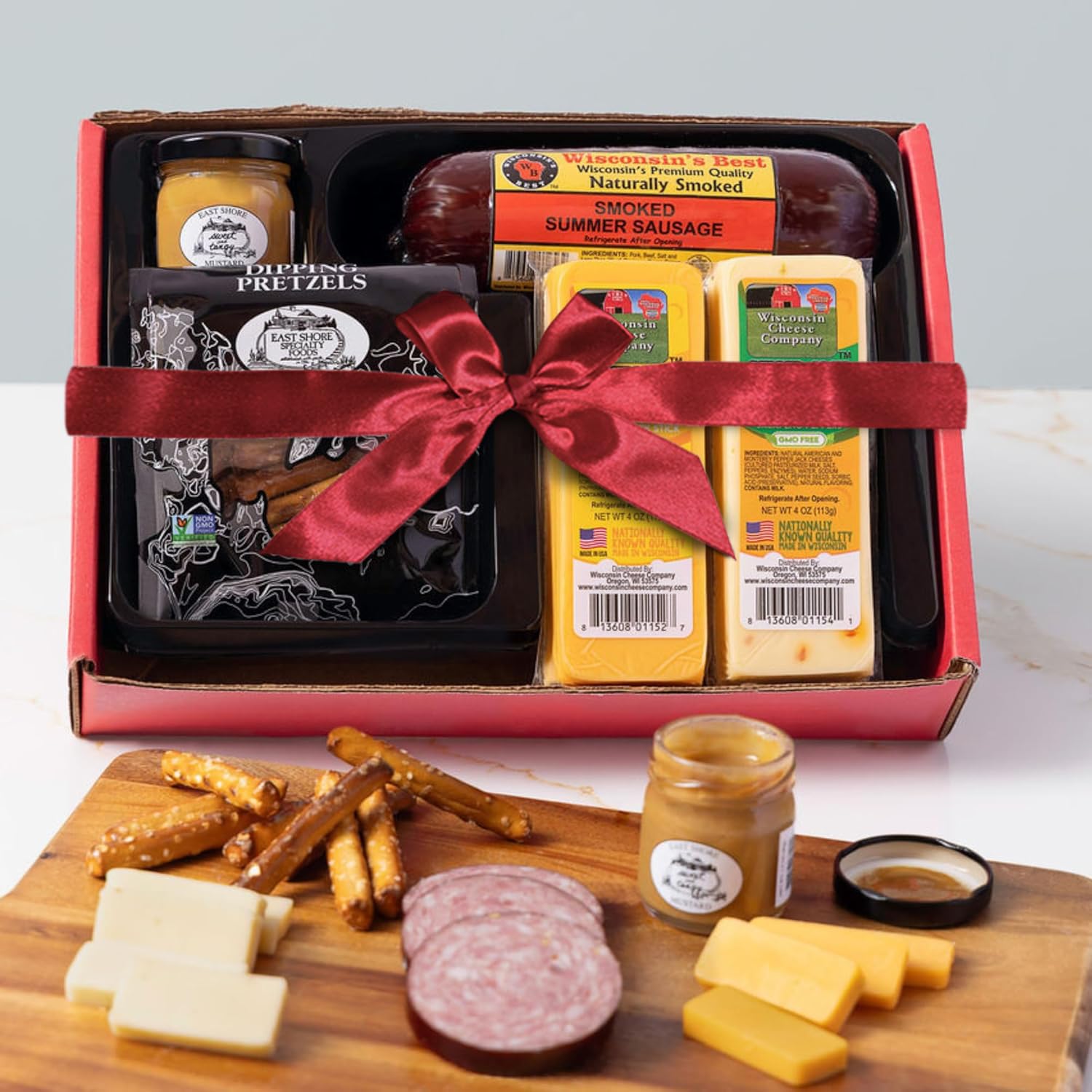 Wisconsin Cheese Company - Holiday Favorites Gift Box - 100% Wisconsin Cheddar & Pepper Jack Cheese, Sausage, Pretzel & Mustard | Perfect for Parties, Charcuterie Boards, and Holiday Gifts