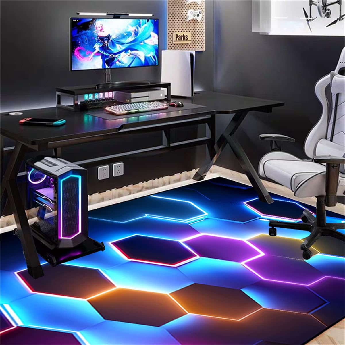RUILBJ 3D Neon Lights Hexagons Pattern Geometric Theme Decorative Carpet, for Home Play Gaming Room Decor Living Room Bedroom Teens E-Sport Rug Mat (Colour 1,50x80 cm)