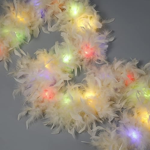Vista 2 de Larryhot Boas largas de plumas de champán 2 yardas 2.65 oz coloridas 20 luces LED Boas para fiesta bohemia, boda, disfraz de Halloween, árbol