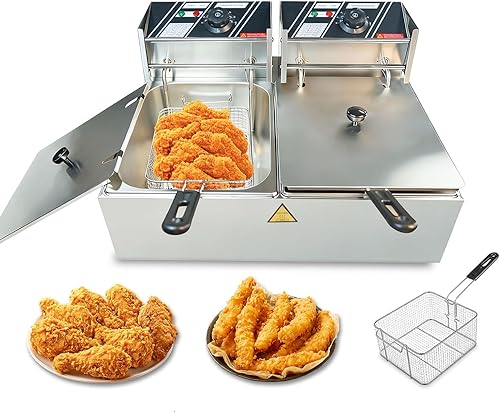 Freidora eléctrica comercial con canasta, freidora de acero inoxidable de doble tanque de 18.2 cuartos de galón/17.2 L, gran capacidad