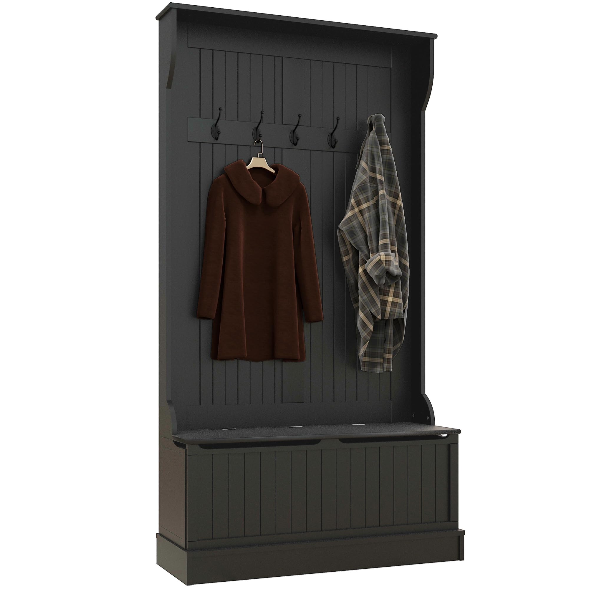 HOMCOM Perchero Zapatero, Perchero Entrada Recibidor con Banco de Almacenamiento y 5 Ganchos, Estilo Moderno, para Pasillo Dormitorio, 96x34x179,7 cm, Negro