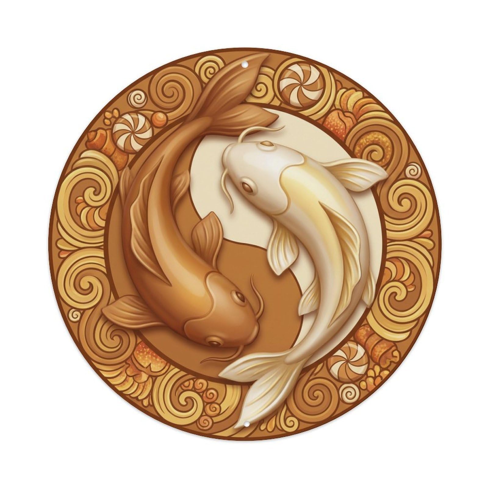 Metal Tin Sign Tai Chi Koi Fish Caramel Brown Zen