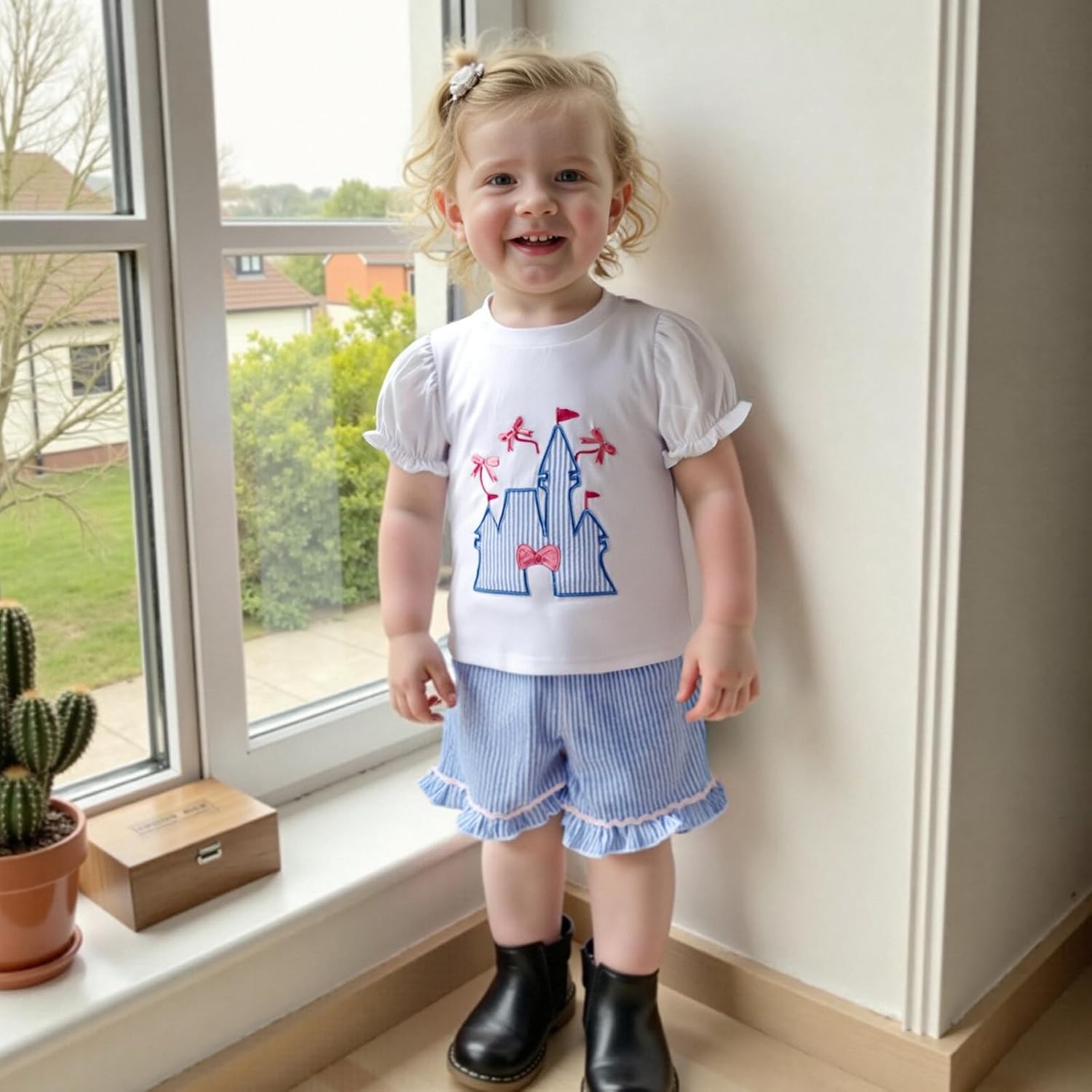 Lamuusaa Baby Girl Clothes Bubble Sleeve Embroidery T-shirt Tops Ruffle Stripe Shorts 2Pcs Toddler Girl Summer Outfit - Image 2