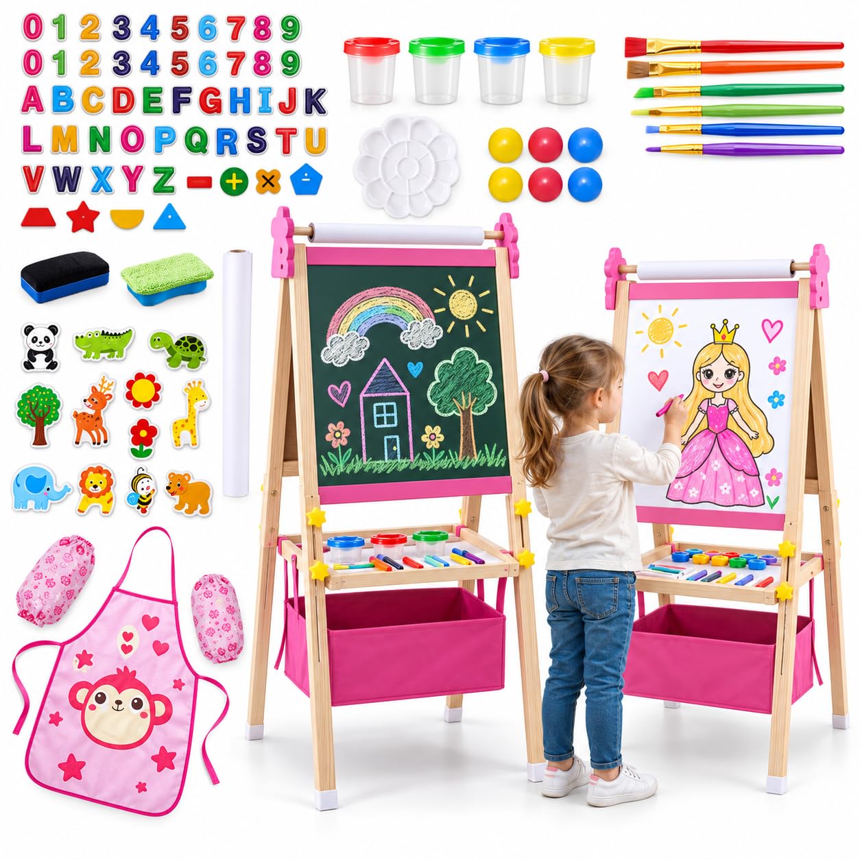 Art Easel for Kids - Adjustable Wooden Double-Sided Magnetic Whiteboard and Chalkboard with Paper Roll, 100+ Drawing Accessories - Foldable Painting Birthday Gifts for Boys Girls Ages 3-12, Pink