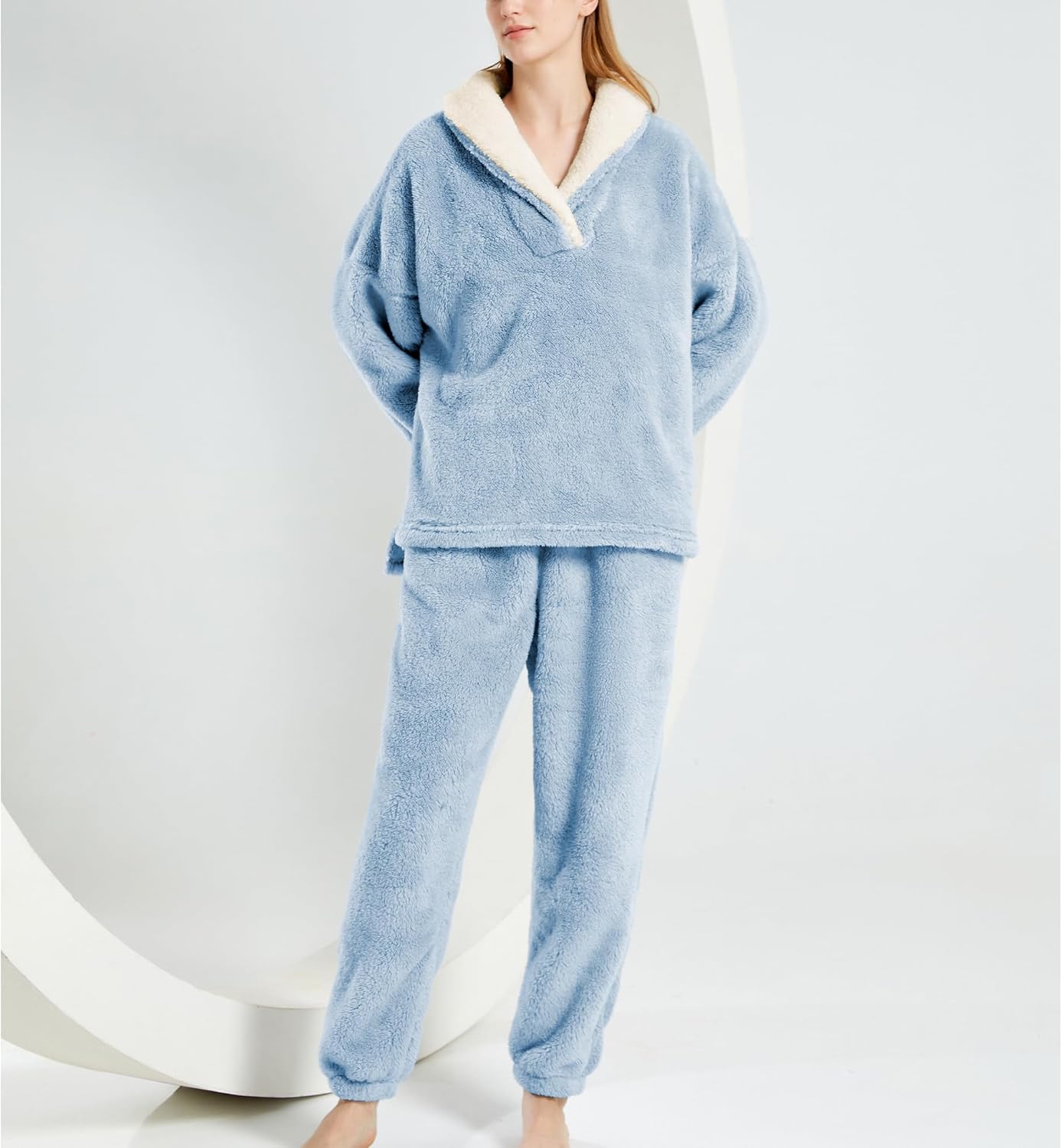 Womens Fluffy Pajamas Set Fleece Pullover Pants Oversized Plush Sleepwear Cozy Fuzzy Loungewear Loose Warm Pjs Sets - Image 4