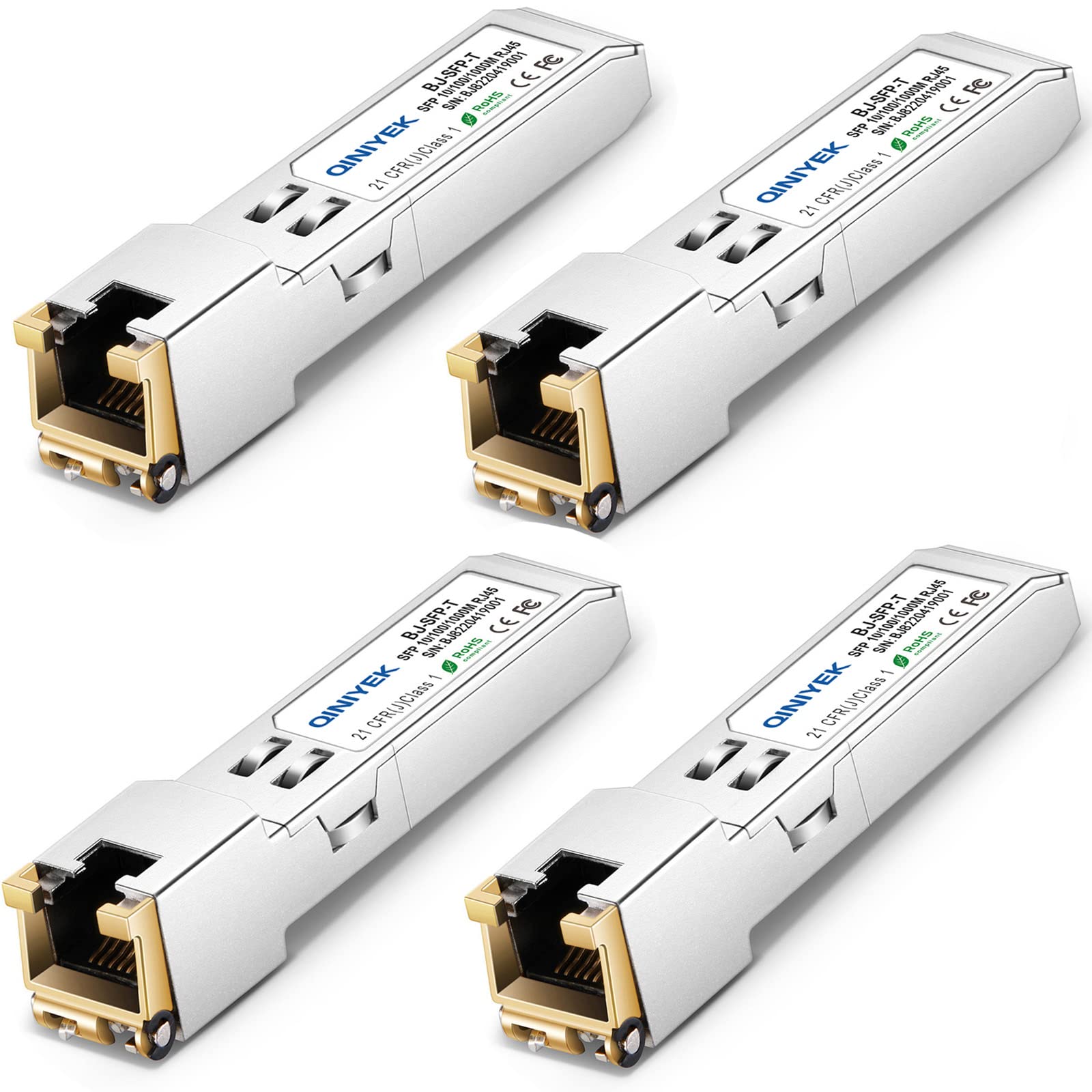 1.25G SFP-T, 10/100/1000BASE-T RJ45 Cobre SFP para Cisco GLC-T/SFP-GE-T/GLC-TA, Mikrotik SRJ01, Netgear, Supermicro, hasta 100 m (Paquete de 4)