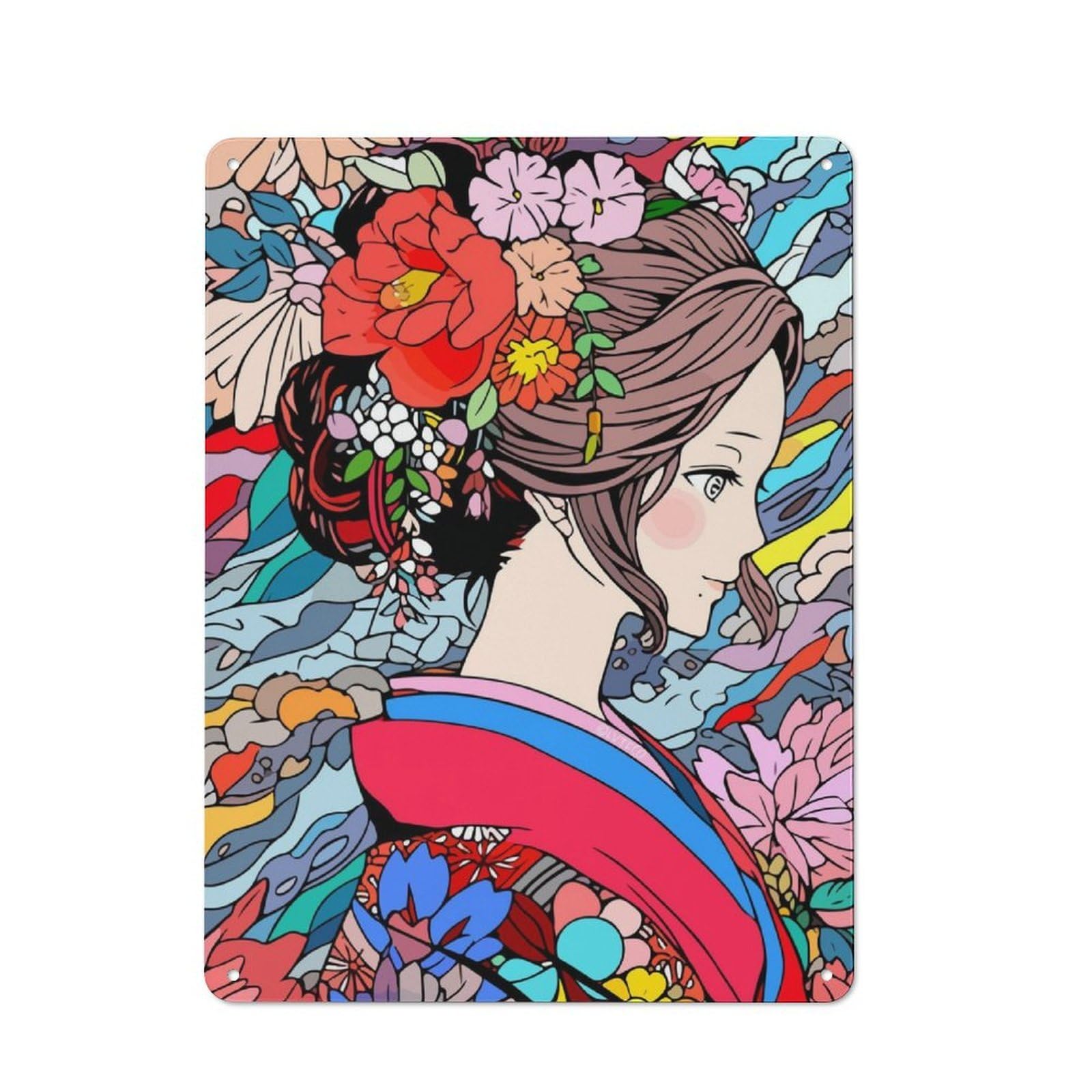 Junmoney Japanese Kimono Flower Art Vintage Tin Wall Plaque 40X30cm For Workshop Wall, A Decorative Christmas Gift For Makers And Diy Enthusiasts