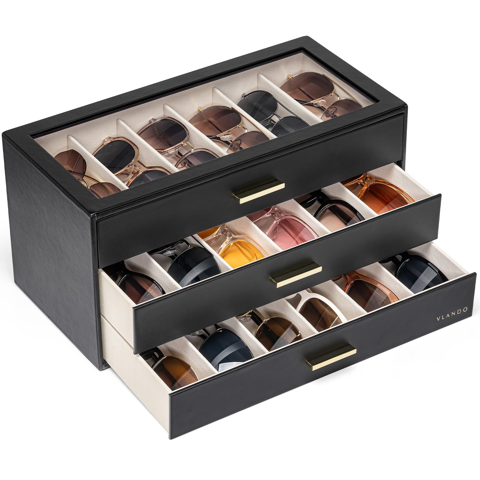 VLANDO 18-Slot Sunglasses Organizer Case with Clear Lid &amp; 3 Drawers,Black