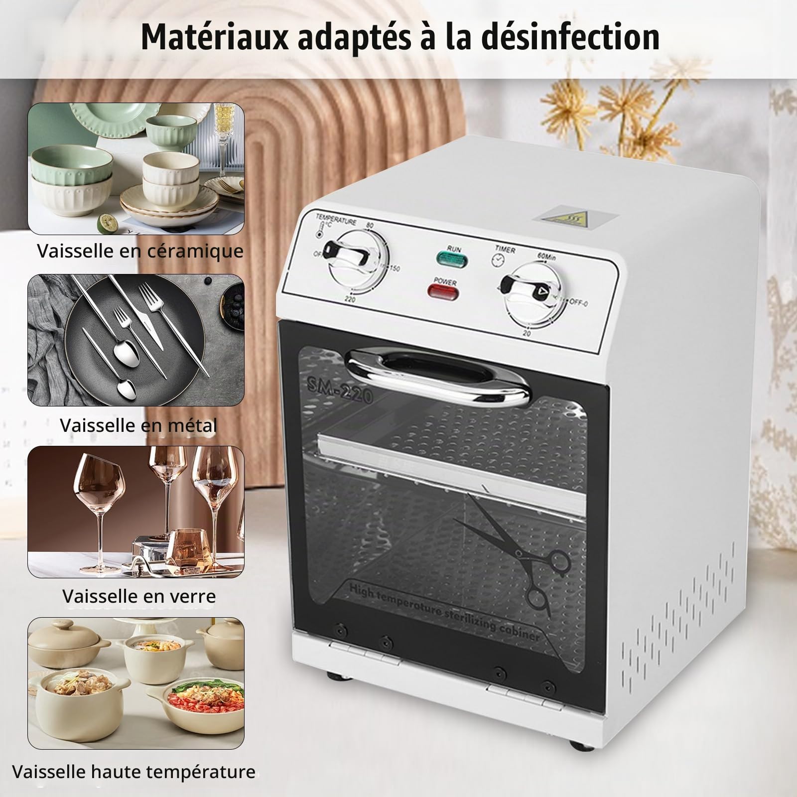 Désinfection par Stérilisateur à Air Chaud, 600W 8L 220℃ Stérilisateur à Chaleur Sèche Stérilisateur à Haute Température Stérilisateur à Ongles avec Minuterie et Voyant Lumineux pour Salon Coiffure
