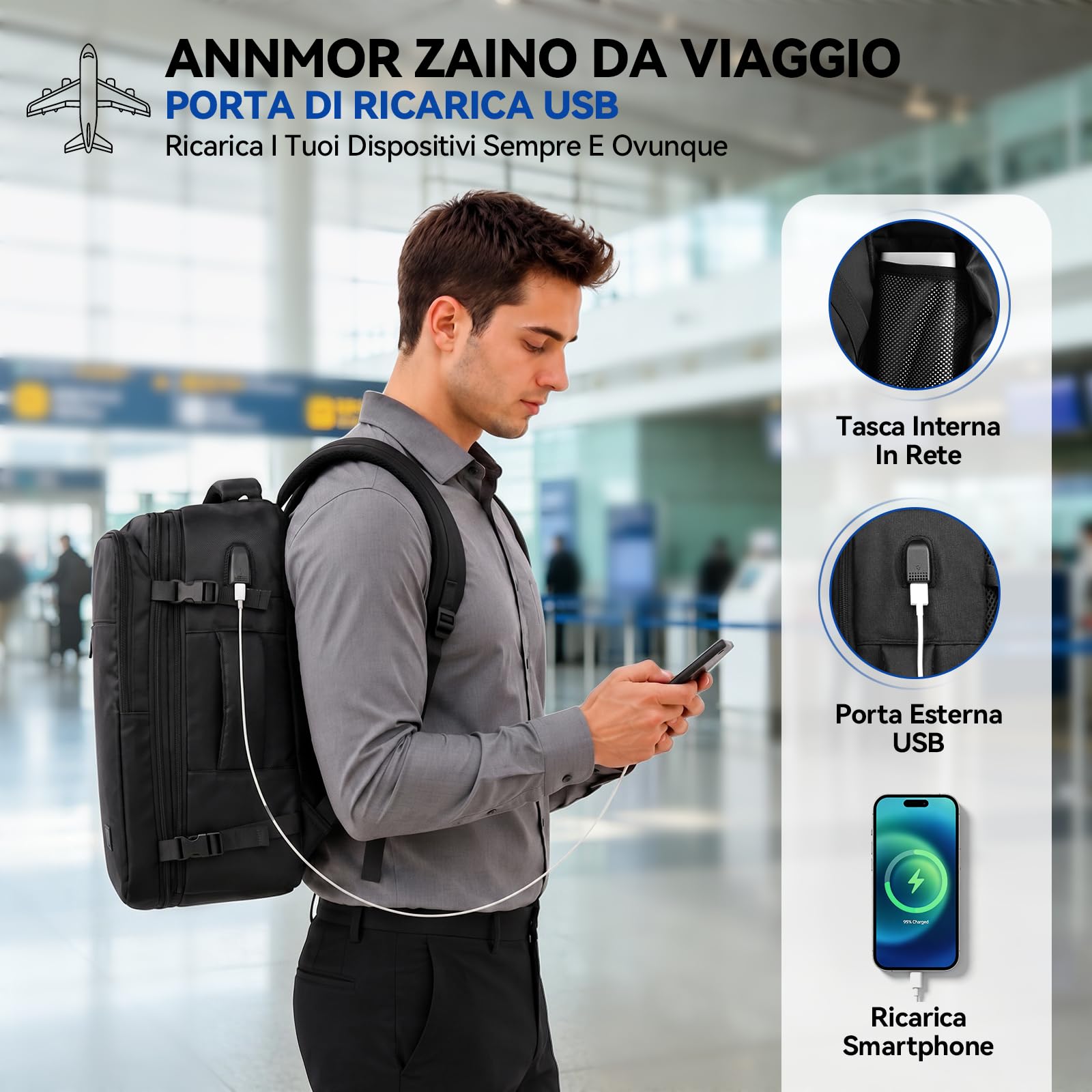 Zaino da Viaggio, 24L Zaino da Cabina 40x30x20 Conforme Ryanair, Espandibile fino a 30L per Laptop 15,6" e Porta USB, Ideale per Viaggi Brevi e Weekend - Nero