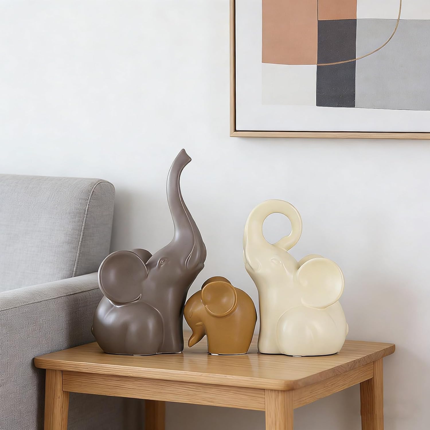Elephant Statue Set of 3, Modern Ceramic Decor Statue, Good Luck Elephant, for Bookshelf Living Room Office Table Shelf Decorations, Gift for Elephant Lovers (Nordic Big Ear Elephant)