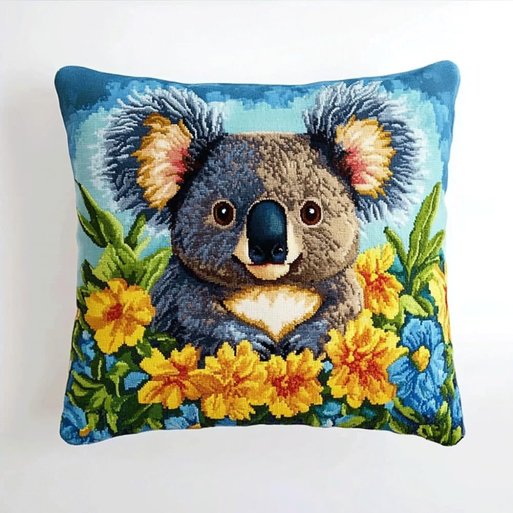 Kitquiver Animal DIY Latch Hook Kit Koala and Flowers DIY Tapestry Throw Pillow Cover Needlepoint Cushion Kits for Home Décor Needlework Kit for Beginners 17x17in