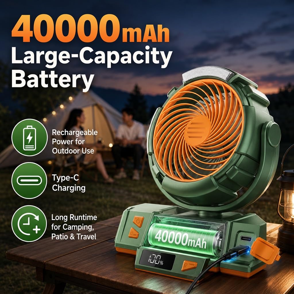 Ventilatore Da Campeggio Con Batteria Da 40000 MAh, 6 Velocità, Luce LED