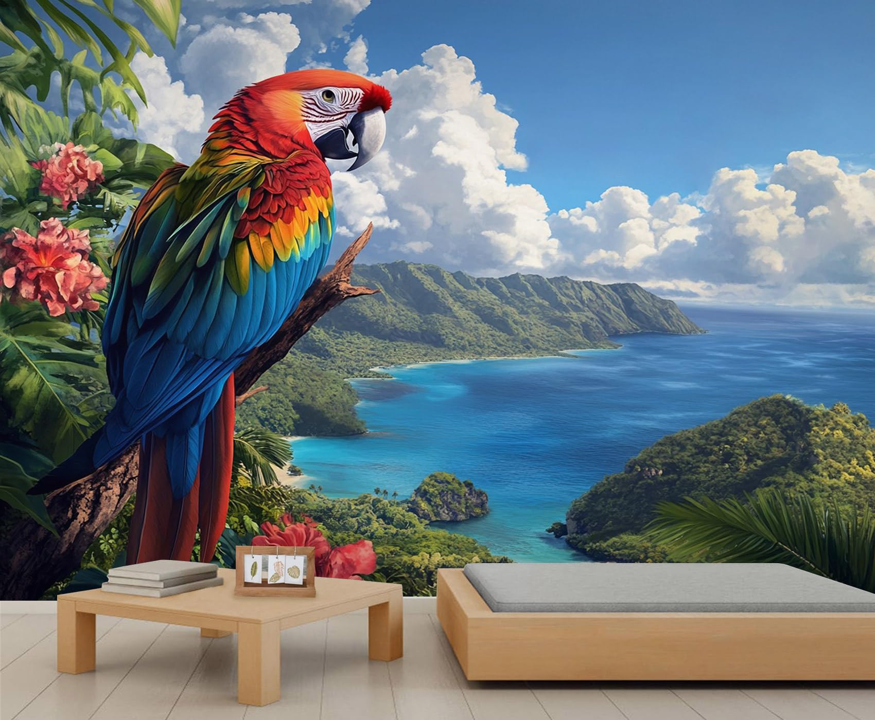 Parrot Mural Macaw Wallpaper Tropical Coastal Wall Mural Statement Wall Restaurant Diner Large-Scale Art Decor Photo Panoramic Accent (Non-self-Adhesive)