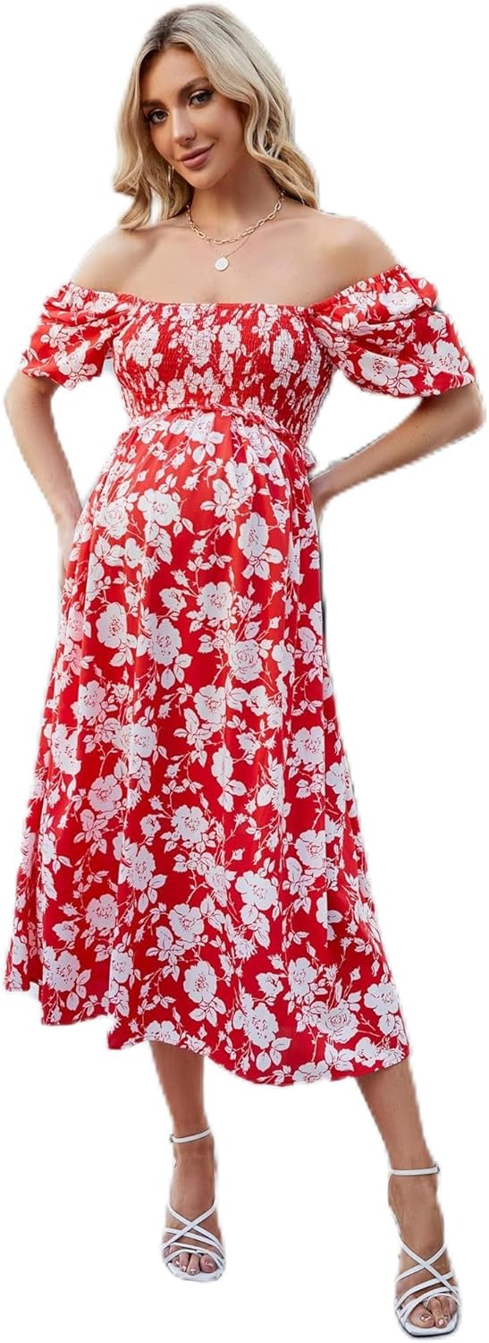 Women's Floral Print Maternity Maxi Dress with Puff Sleeves and Ruffle Detail for Baby Shower - Red 2XL