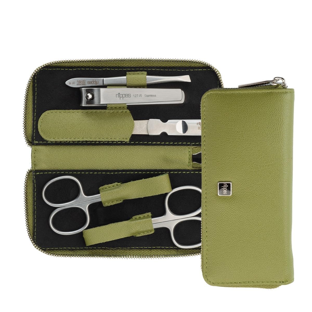 nippes Solingen Set manicure Verde, 5 pezzi, astuccio per unghie in pelle di eucalipto vegana, strumenti in acciaio inox, senza nichel e antiruggine, set per la cura delle unghie, prodotto in Solingen