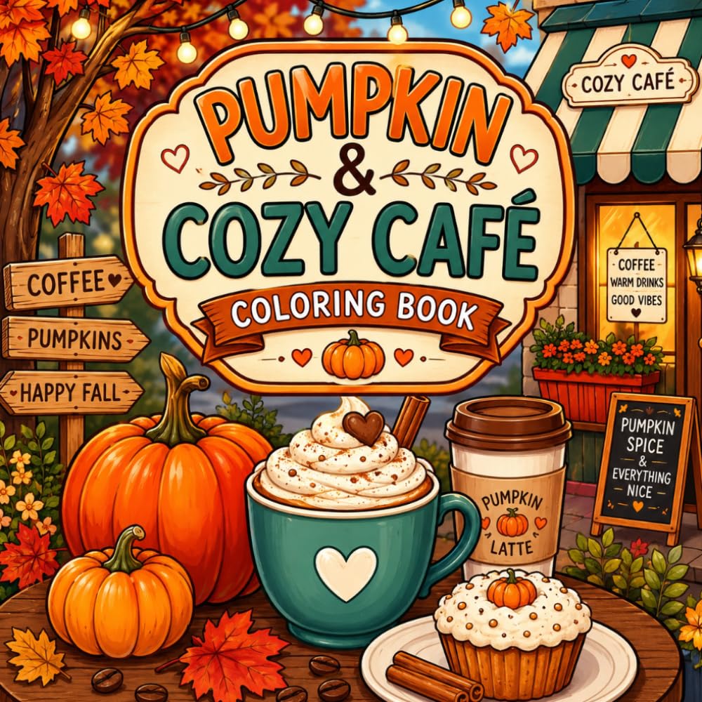 Pumpkin & Cozy Café Coloring Book: Bold and Easy Fall Coloring Pages with Coffee, Pumpkin Spice, Cozy Cafés & Autumn Scenes (Cozy Coloring Adventures Series)