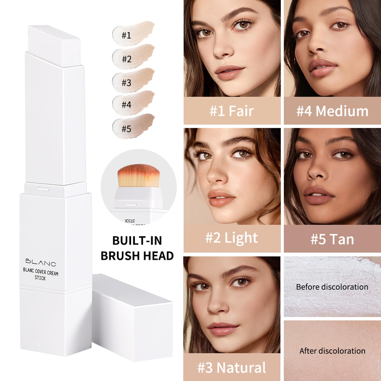 Foundation Stick, Color Changing Foundation Stick mit Pinsel - Farbwechsel Grundierung, Weiße Foundation mit Natürlicher bis Aufbaubarer Deckkraft, Wasserresistent für reife Haut, 13 g (#03Natur) - 5