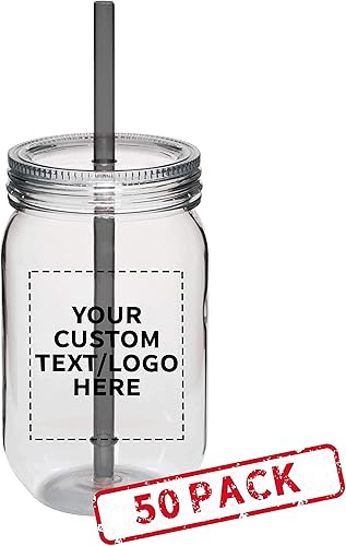 Miniatura 7 de DISCOUNT PROMOS Juego de 50 tarros de plástico personalizados con pajilla, 24 onzas, paquete a granel personalizado  Tarros para avena durante la