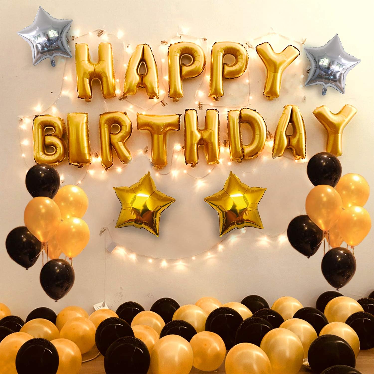 Party Propz Birthday Decoration Items For Husband- 35Pcs, Golden and Black Balloons For Decoration | Star Foil Balloons | Golden Theme Decoration | Happy Birthday Foil Banner (cardstock)