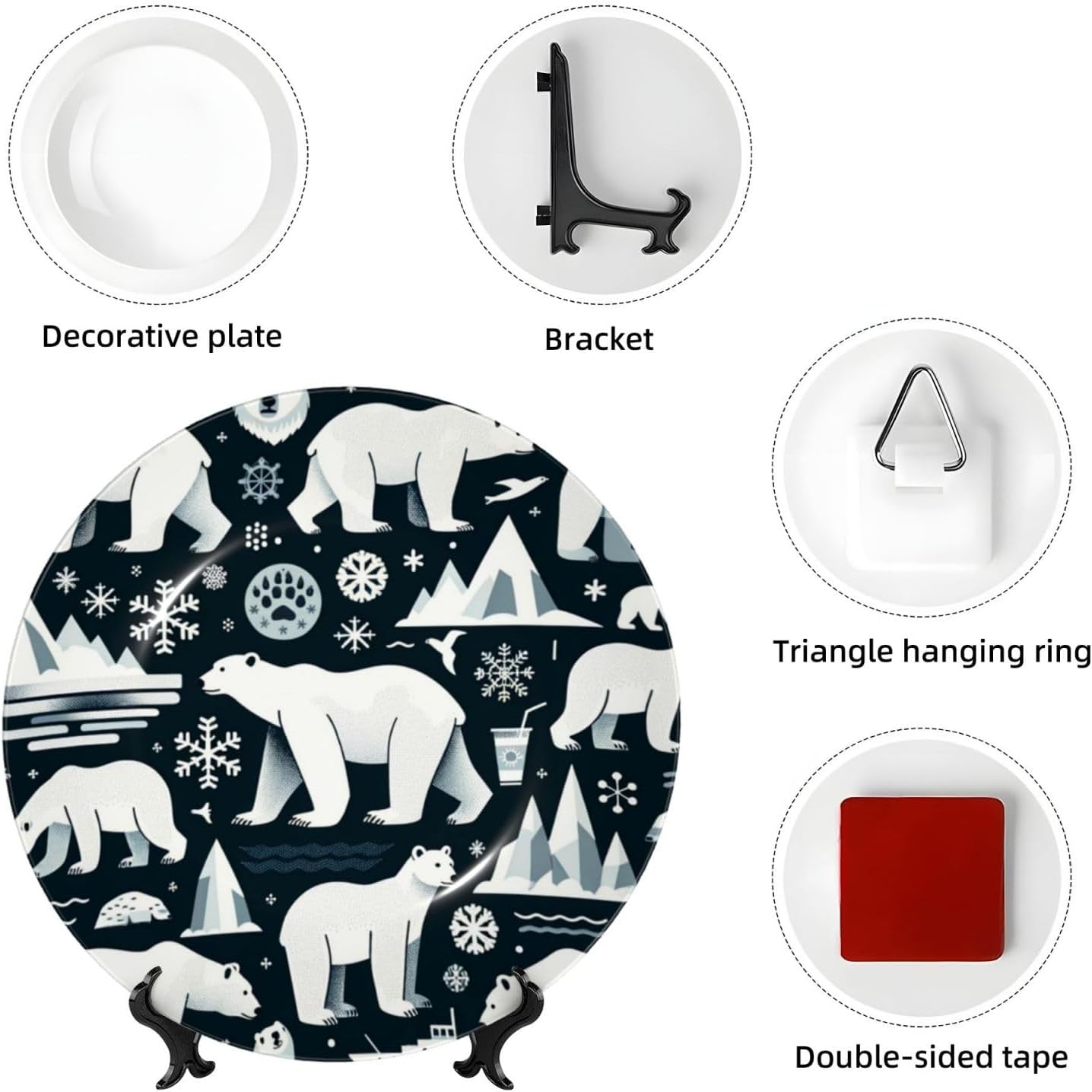 Polar-Bear-White-Snowflake 10 Inch Decorative Plate With Stand, Elegant Display Wall Plate For Home Decor