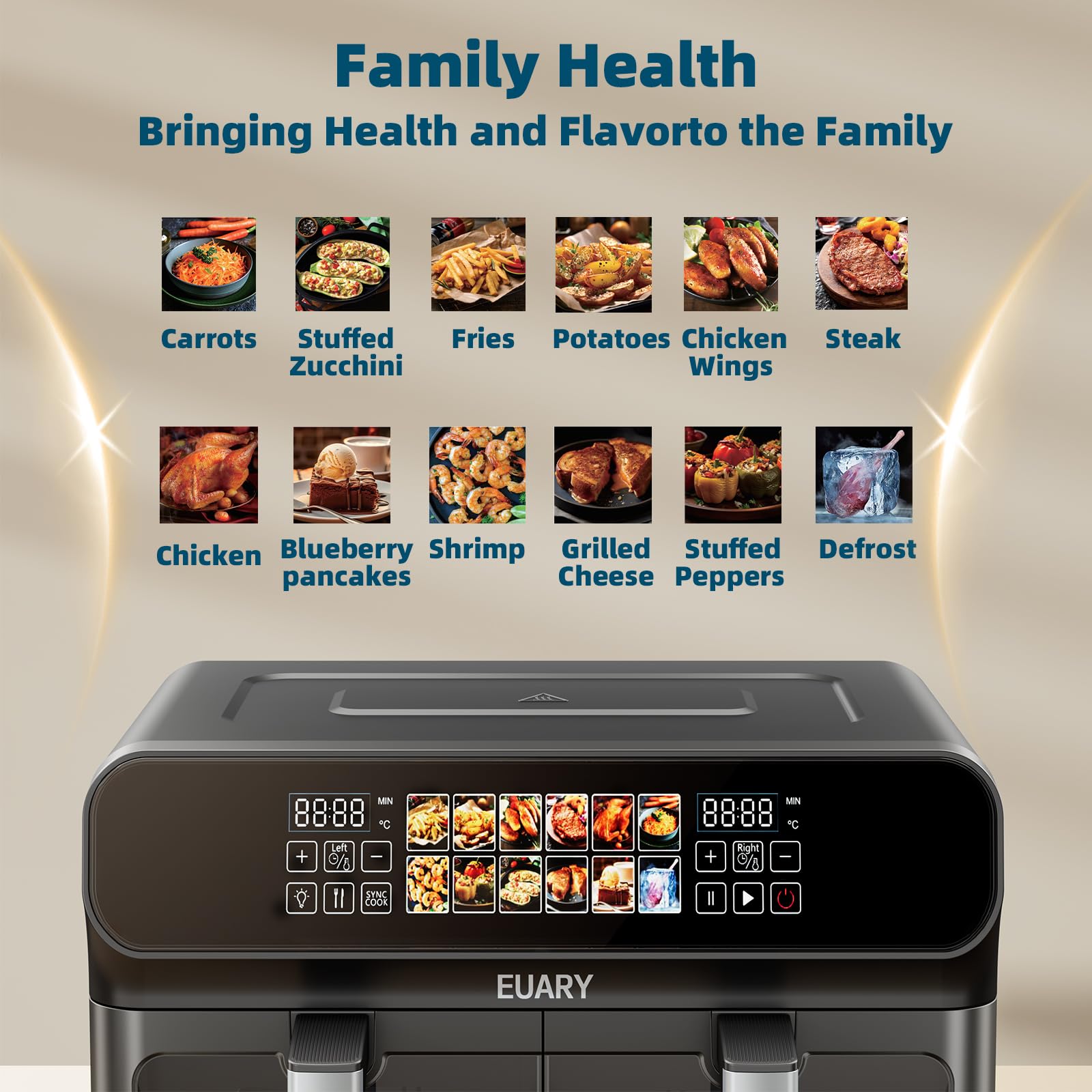 2800W Friggitrice ad Aria Doppio Cestello 9 Litri 2 Cestelli con Finestra, 9L Air Fryer Friggitrici ad Aria Doppia Resistenza Due Cestelli, 12 Programmi di Cottura, Componenti Antiaderenti