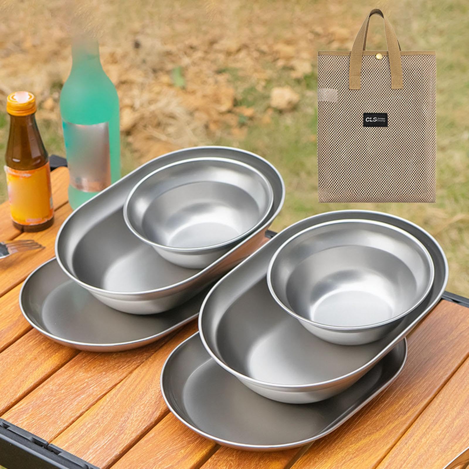 6 Teiliges Camping Besteckset, Outdoor Geschirrset, Edelstahlteller, Schüsseln, Schalen, Besteck, Aufbewahrungstasche, Leicht zu Reinigen, Geeignet Fü