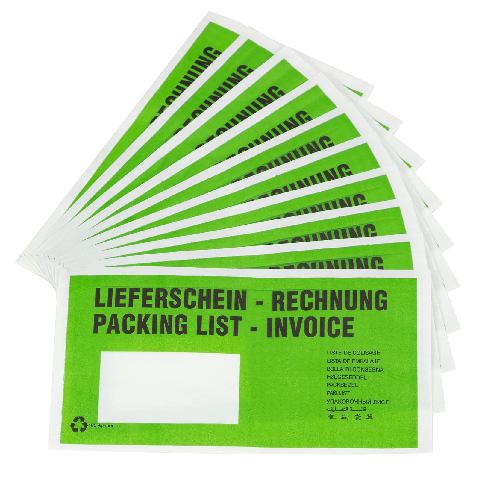 KK Verpackungen Lieferscheintaschen 240 x 135 mm | 250 Stück, Pergamin Papier 22 g/m² | DIN Lang selbstklebend | 9 Sprachen Aufdruck