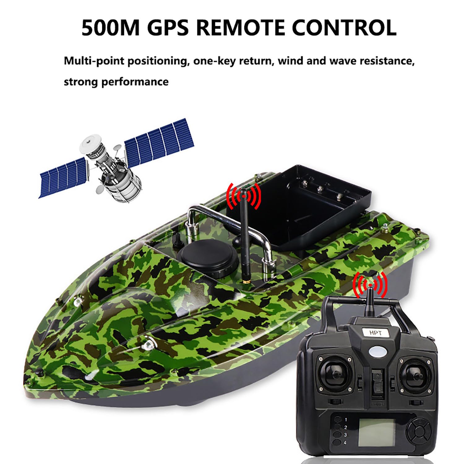 Barco de cebo RC de 500 m para pesca con 2 baterías de 12 000 mAh y bolsa para bote, retorno automático por GPS, capacidad de carga de 1,5 kg (3,3 lb), contenedor de descarga y luz nocturna LED