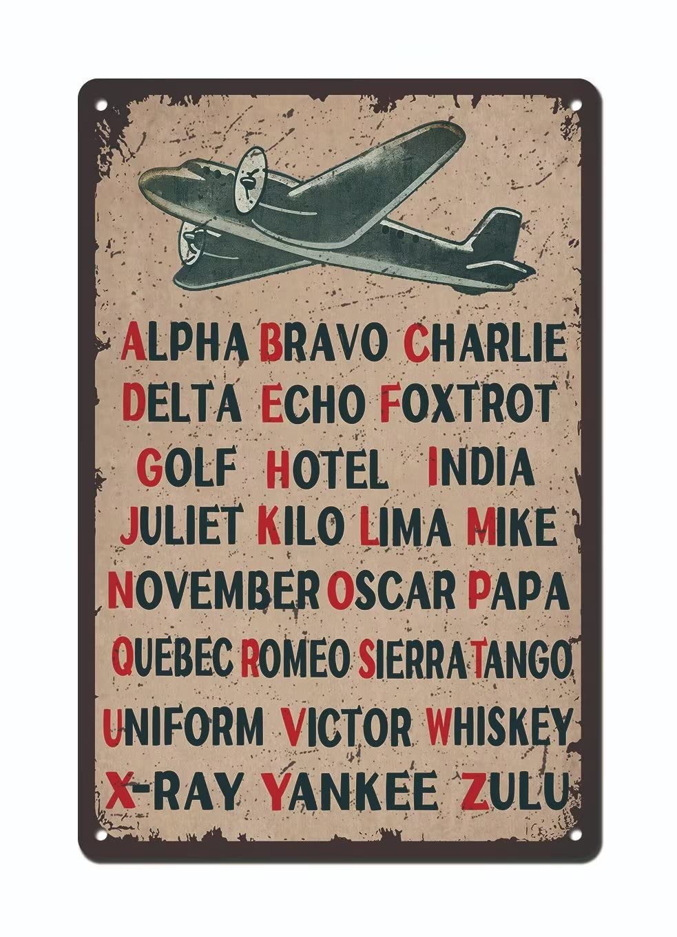 Pilot Code Phonetic Alphabet Poster 12x8inch Tin Sign Retro Military Wall Decor, Military Wall Art, Gift for Man Cave-Garage-Bar-School