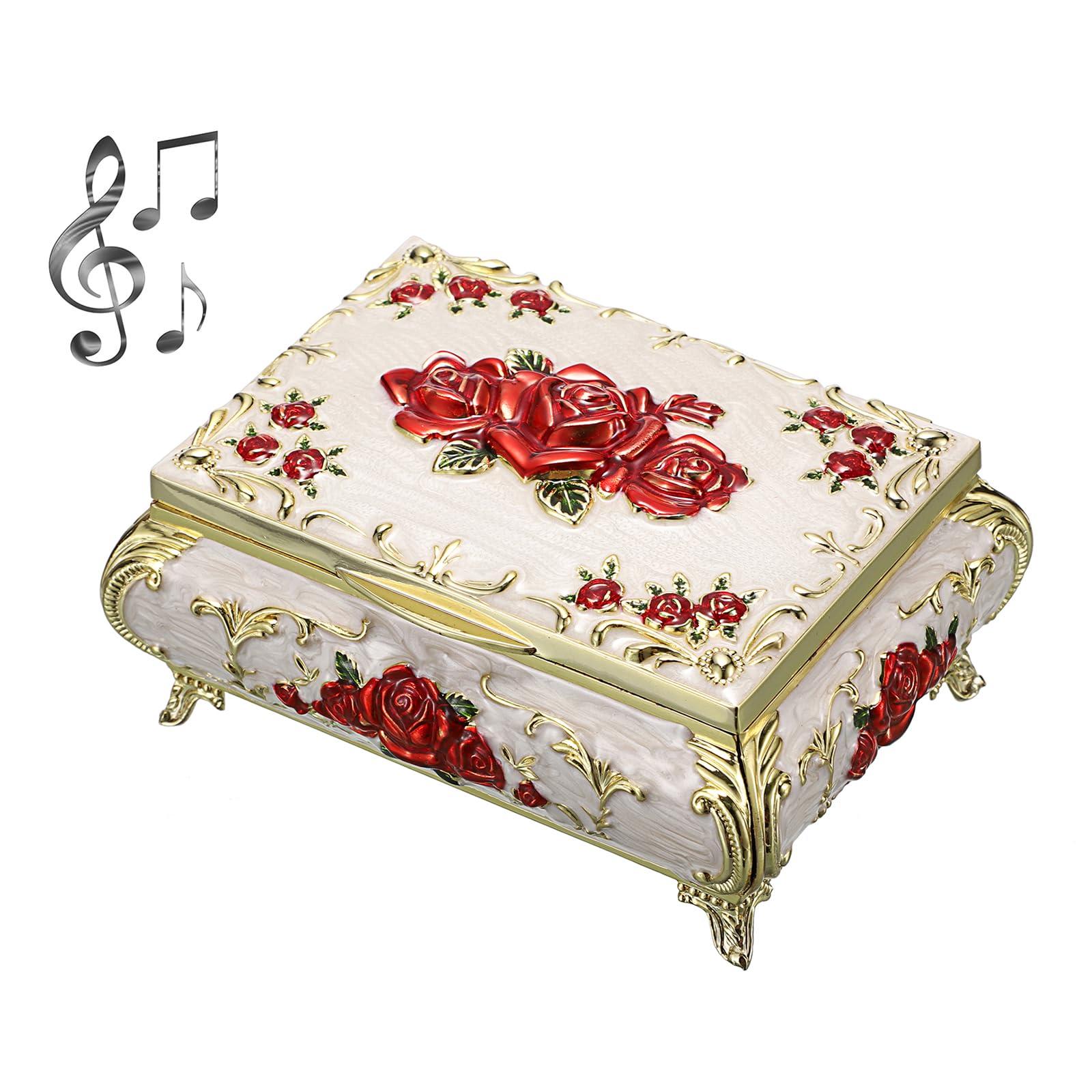 SUMNACON Metal Music Box Musical Jewelry Case Keepsake Case, Vintage Music Organizer Rose Embossed Musical Box for Christmas, Birthday, Valentines Day (Tune:You Are My Sunshine, Beige Red)