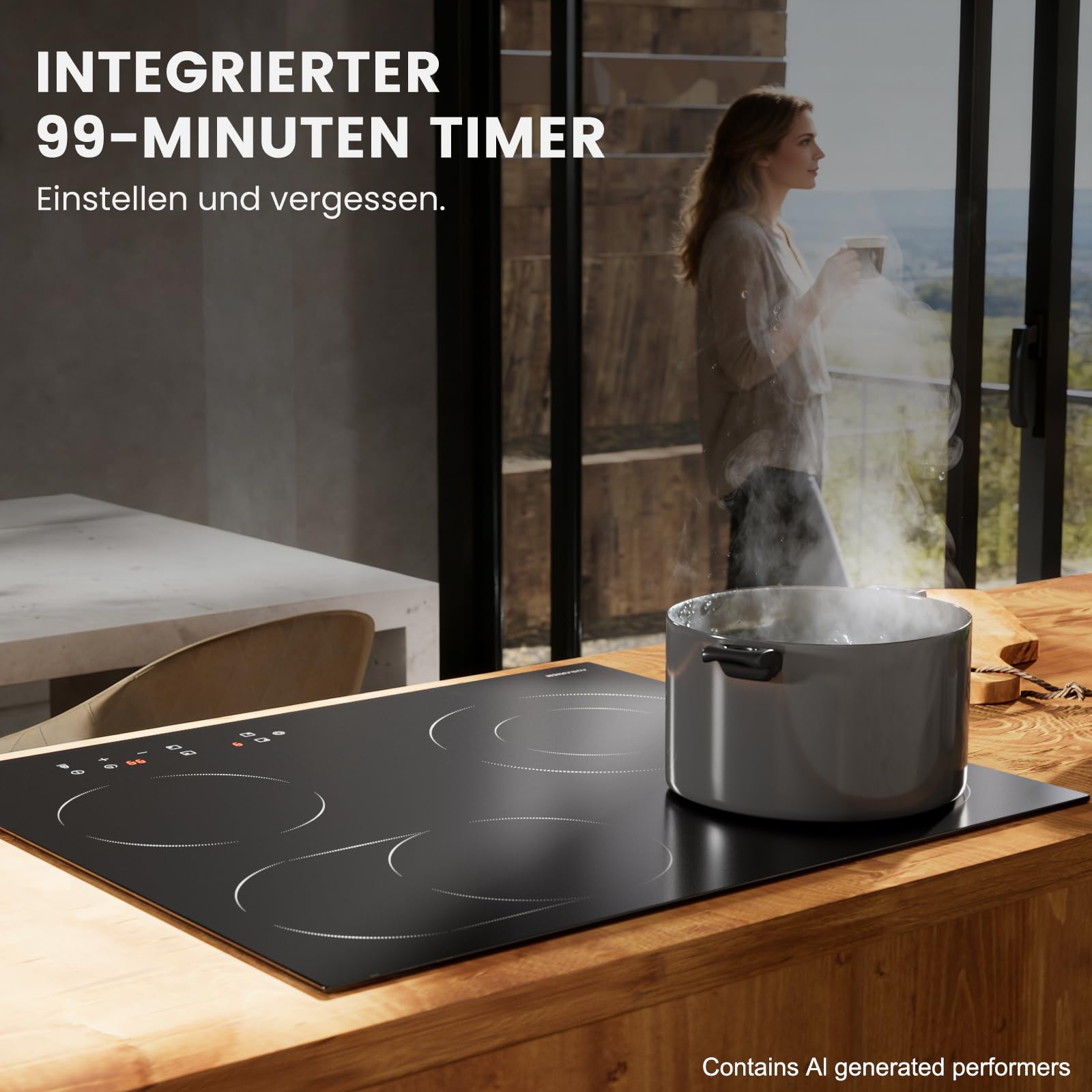 Glaskeramikkochfeld 4 Platten, Einbau-Kochplatte mit Abriebfeste Glaskeramik, 2 Jahre Garantie, 59cm, 6600W Touch, Doppelring- & Ovalzone, Timer 1-99 Min, Kindersicherung, für alle Töpfe