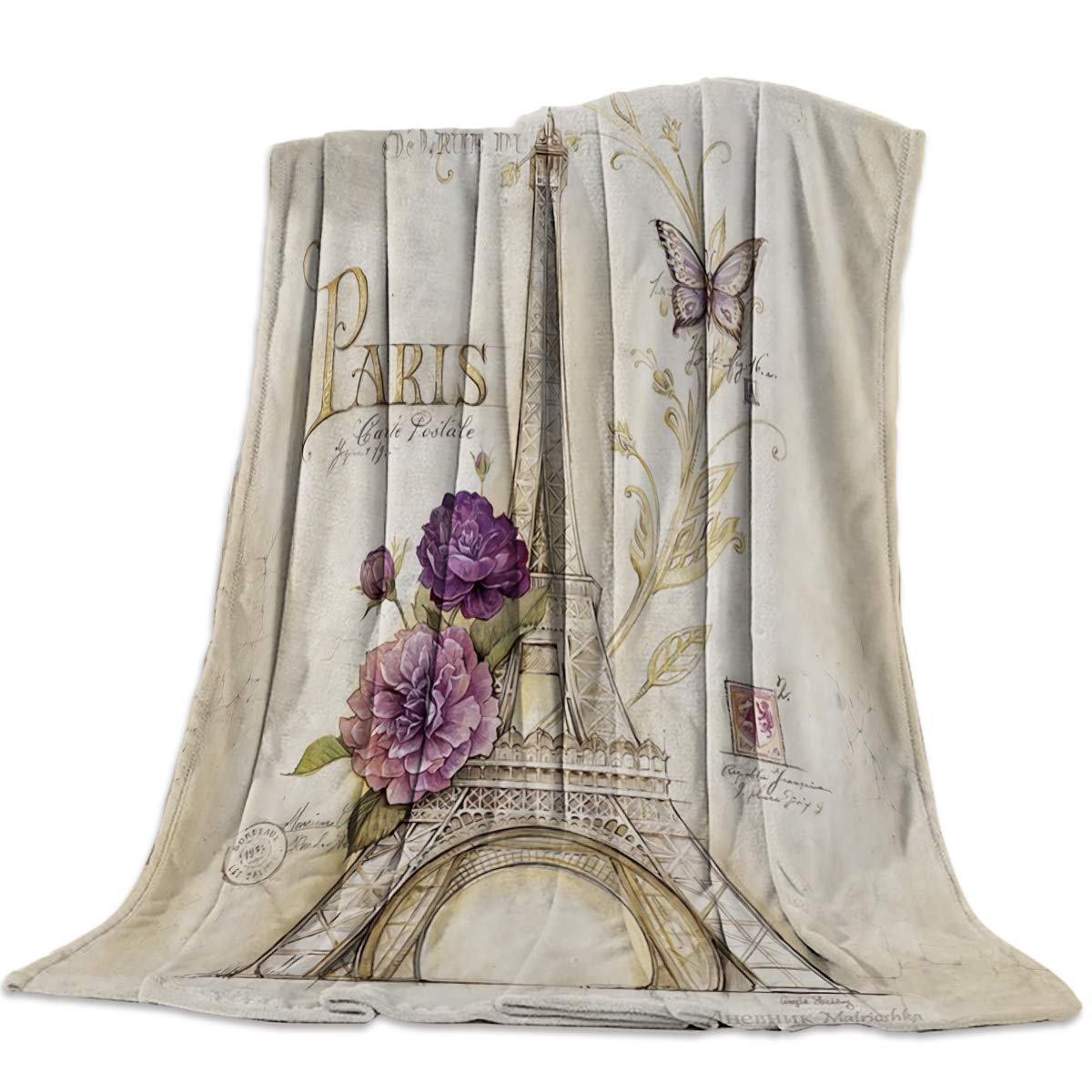 Flannel Fleece Throw Blanket for Sofa Couch Bed Vintage Butterfly Paris Eiffel Tower Soft Cozy Lightweight Blanket for Adults/Kids 49x59inch