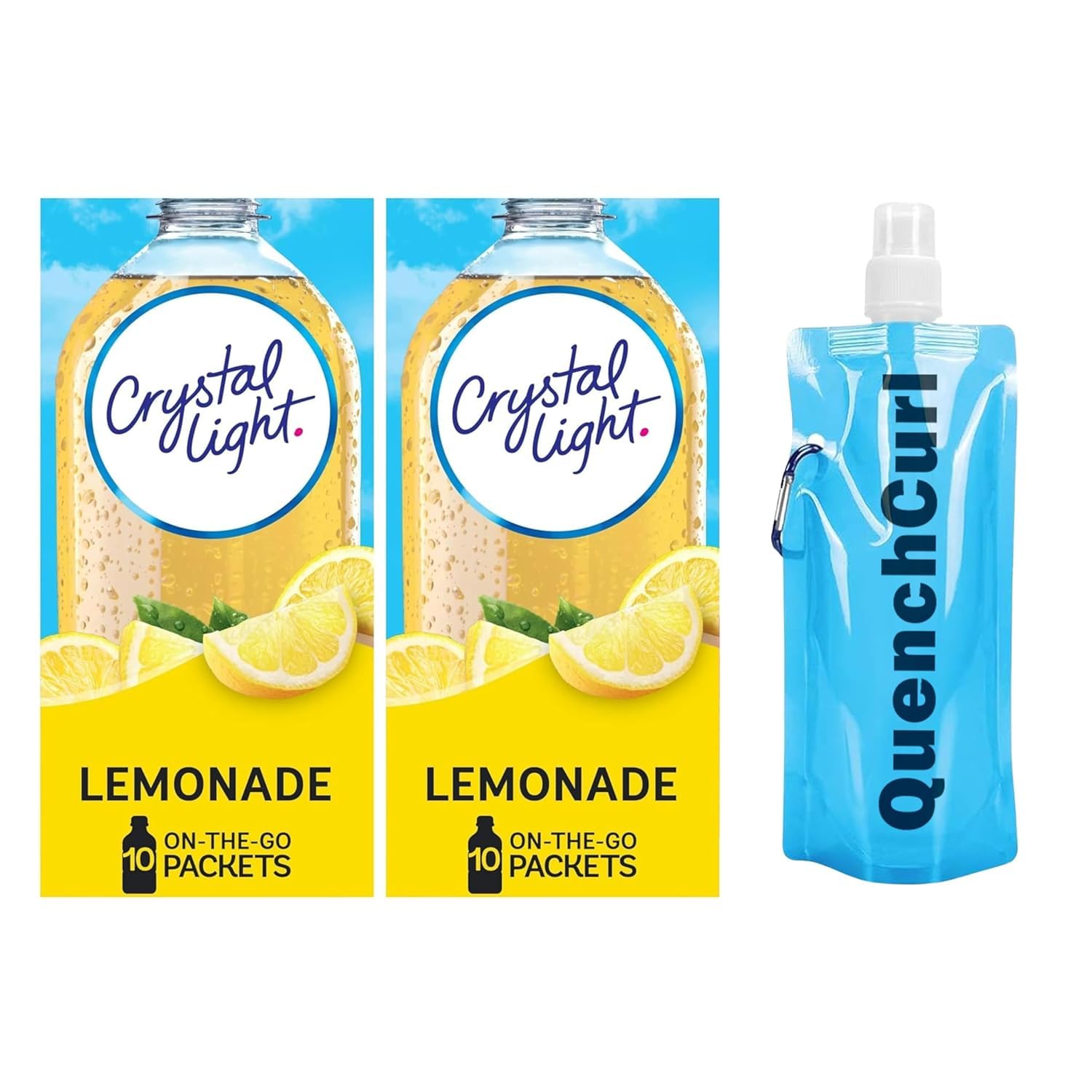 Crystal Light On The Go Drink Mix Pouches, Sugar-Free, Low-Calorie, 2 Pack of 10 Pouches with QuenchCurl Collapsible Bottle! (2 Pack, Lemonade Flavor)