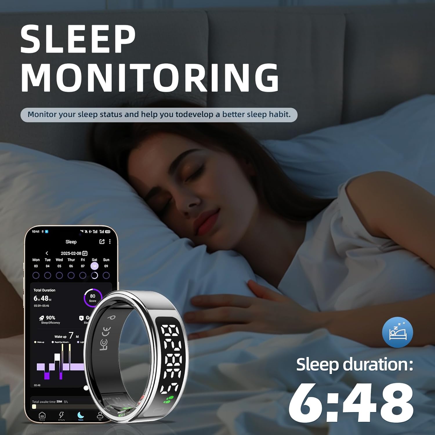 LCD Display Smart Ring - Sleep Tracker Touch Control Ring with Heart Rate/Blood Oxygen/Step Counter, Wireless Charging Dock, 5ATM Waterproof Fitness Tracker, No Subscription Fee for iOS/Android