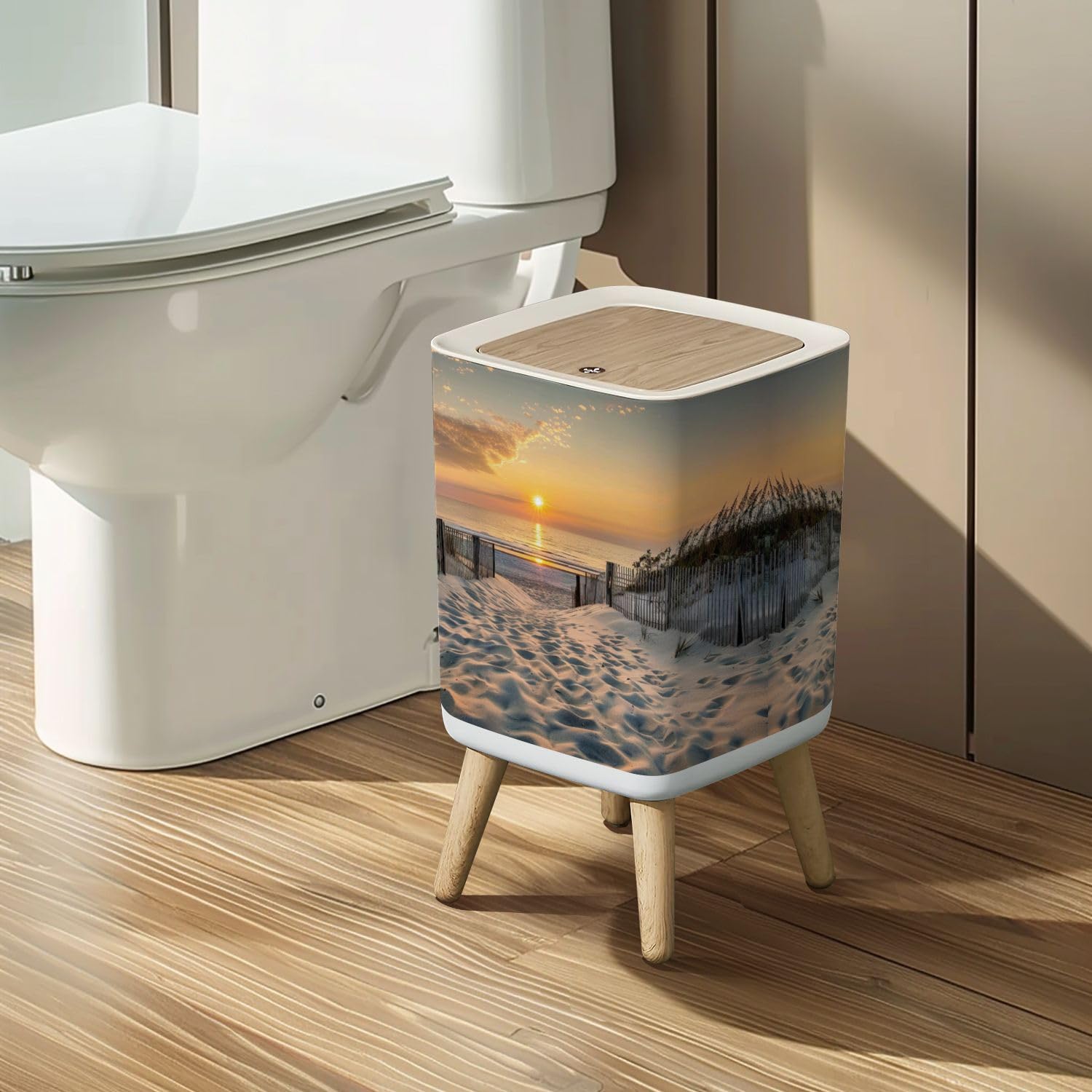 Small Trash Can with Lid Sunrise Beach Wastebasket with Press Cover Dog Proof Garbage Can Waste Bin for Kitchen Bathroom Nursery 2.6 Gallon