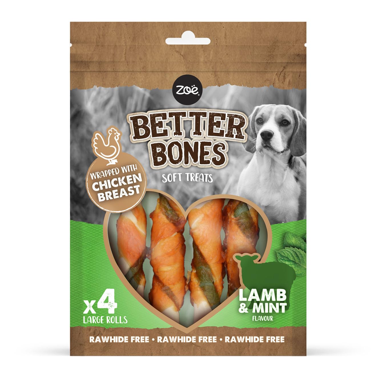 Zoë Better Bones Soft Dog Treat Chews, Pouch of Rawhide-Free, Dog Training Large Rolls Wrapped with Chicken Breast - Lamb & Mint Flavour, 1 Bag of 4 pcs