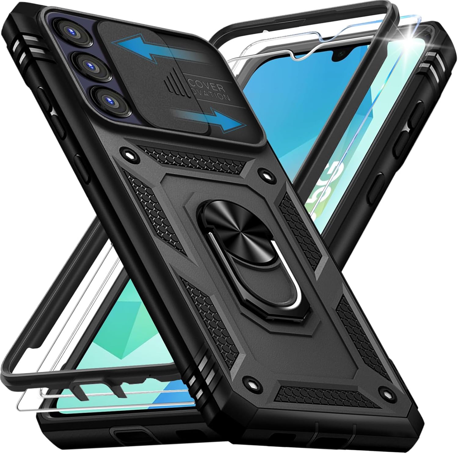 Case for Samsung Galaxy A16 5G,Samsung A16 Case with Camera Cover & 2 Pcs Screen Protectors,[Military Grade 20ft.] Shockproof/360&deg; Magnetic Kickstand Protective Case for Galaxy A 16 5G Black