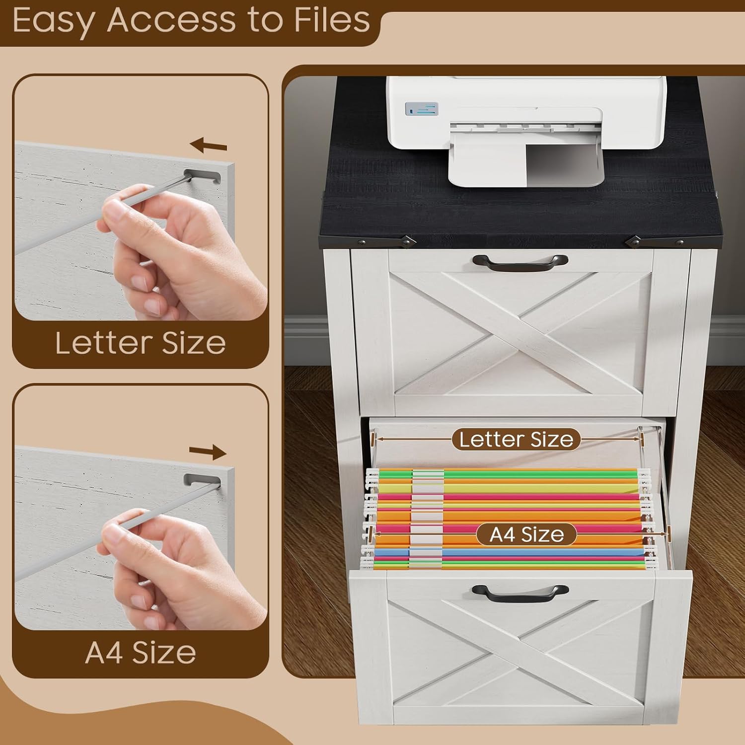 Vabches Vertical File Cabinet with 2 Drawers, Wooden Farmhouse Filing Cabinet for Letter/A4 Size Hanging Files, Under Desk Printer Stand with Storage for Home Office, White and Black