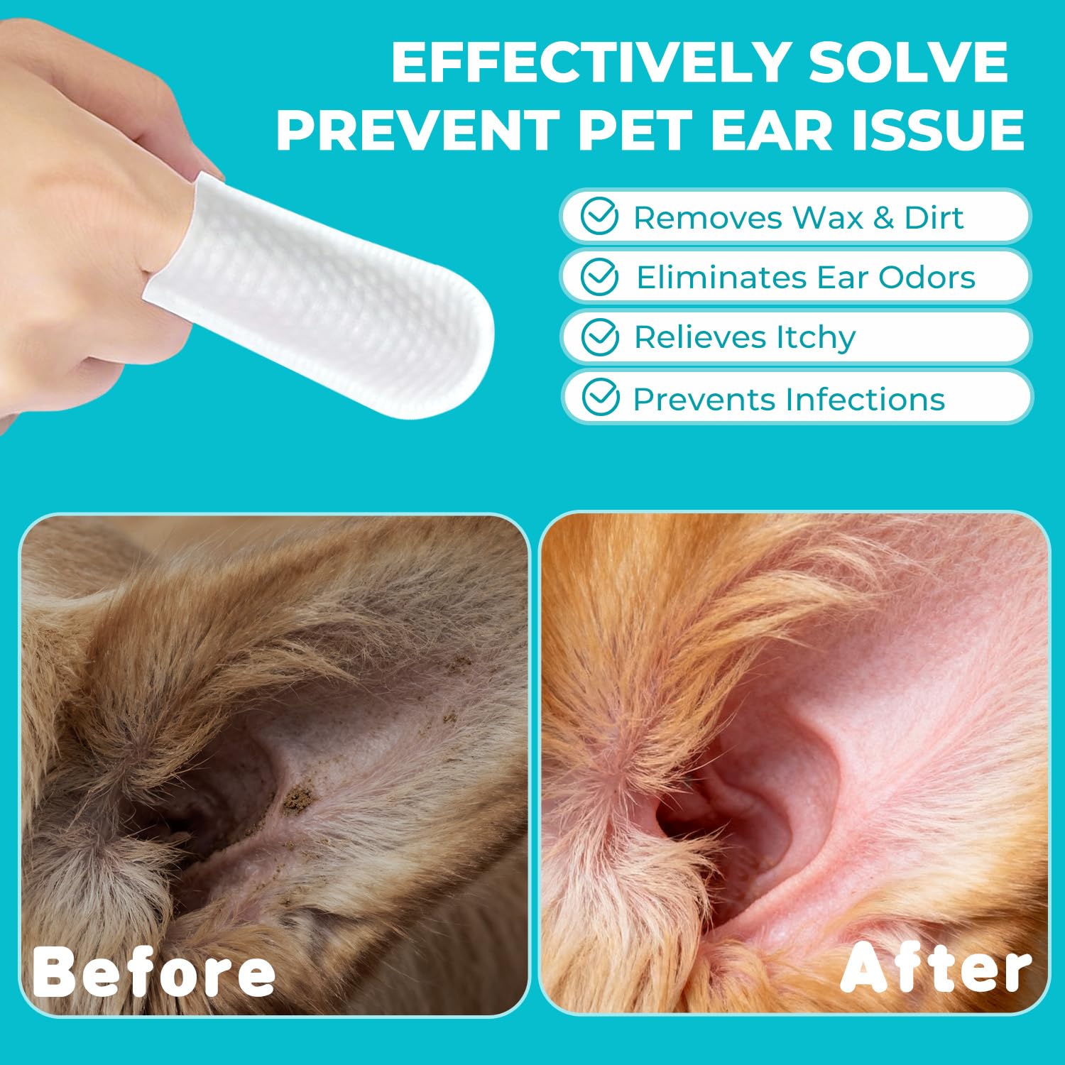 Pet Ear Cleaner Finger Wipes for Dogs, Cats, Gentle Alcohol-Free Formula, Removes Wax, Debris, 50 Count, Vet Approved, 4x8cm - image 4